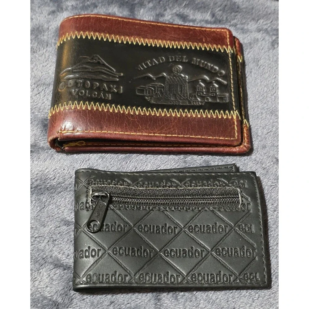 Rare 2pc Cool Ecuador Hand Stitched Tooled Bifold Embossed Leather Wallet EuC